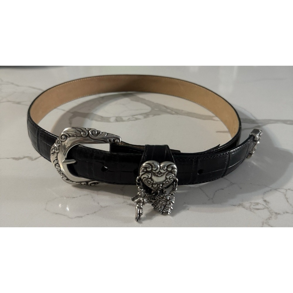 Vtg Brighton Women's Belt Black Embossed Leather Silver Tone Heart Dangle Charm